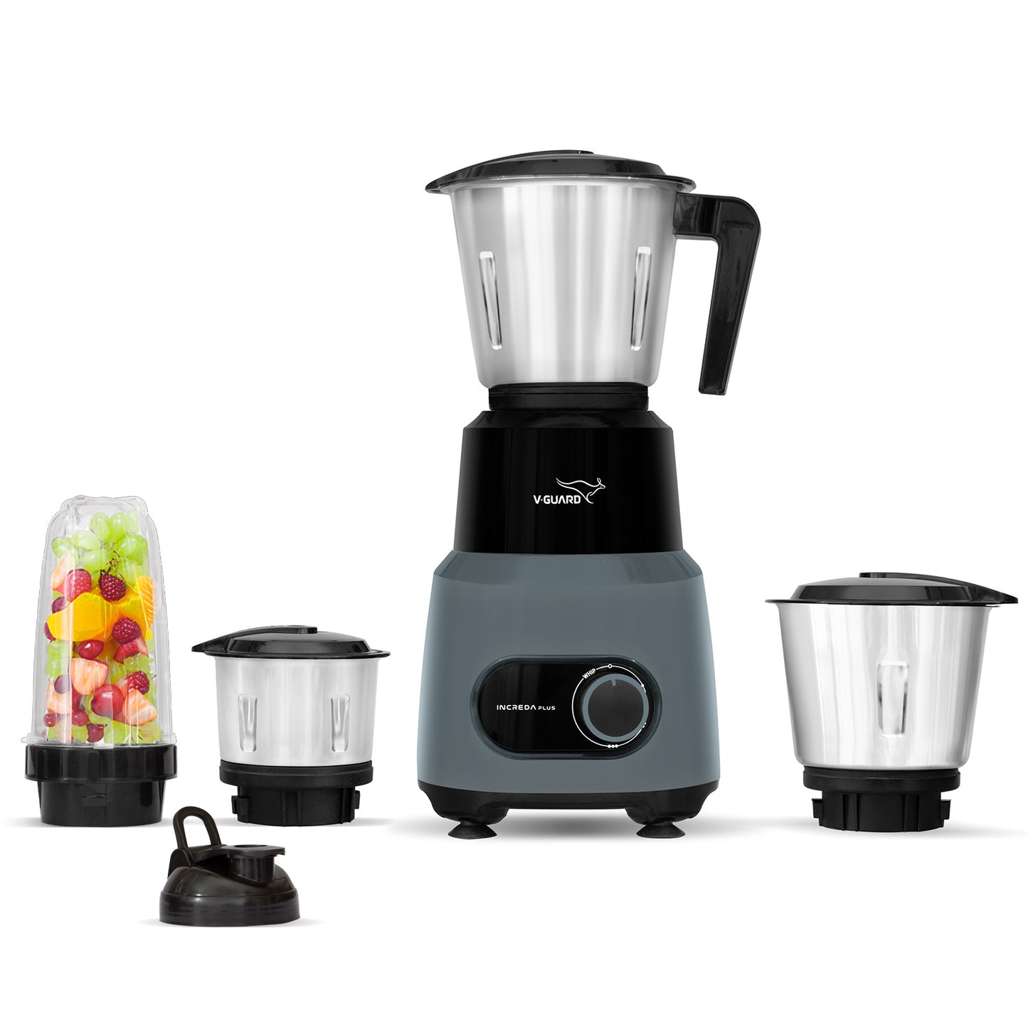 V-Guard Increda Plus 500 Watt Bullet Juicer Mixer Grinder | 2 Year Motor Warranty | 4 Jars (Bullet, Wet, Dry and Chutney) | Stainless Steel Blades | Bullet Jar with Sipper Lid.