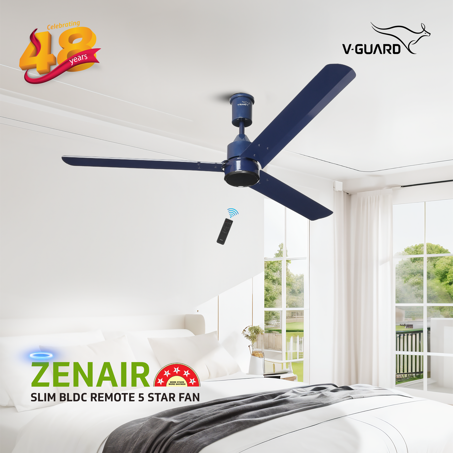 Zenair 5 Star 1200 mm 3 Blade Ceiling Fan (BLDC Motor with Remote | Admiral Blue