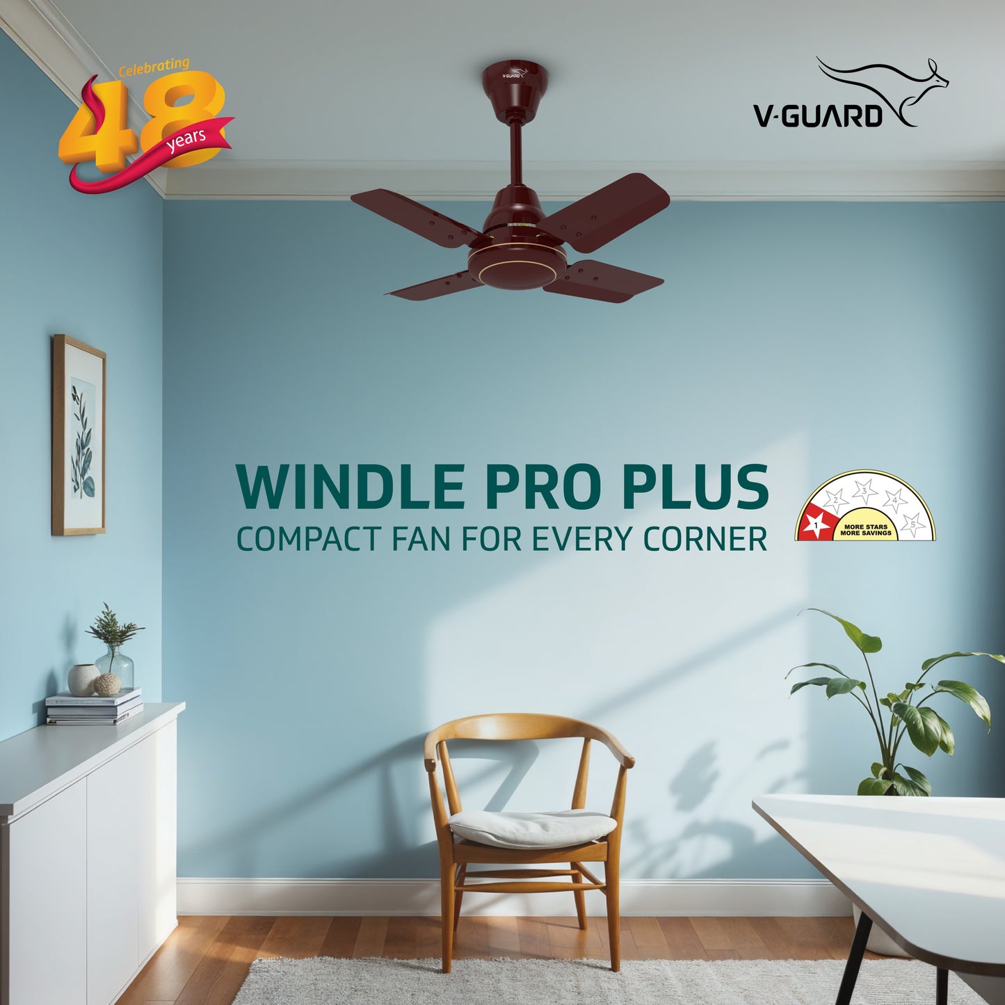 Windle Pro Plus High-Speed Ceiling Fan For Home | 100% Copper 830 RPM Motor | Powder-Coated Gloss Finish | 4 Blade Ceiling Fan | Cherry Brown | 60 cm