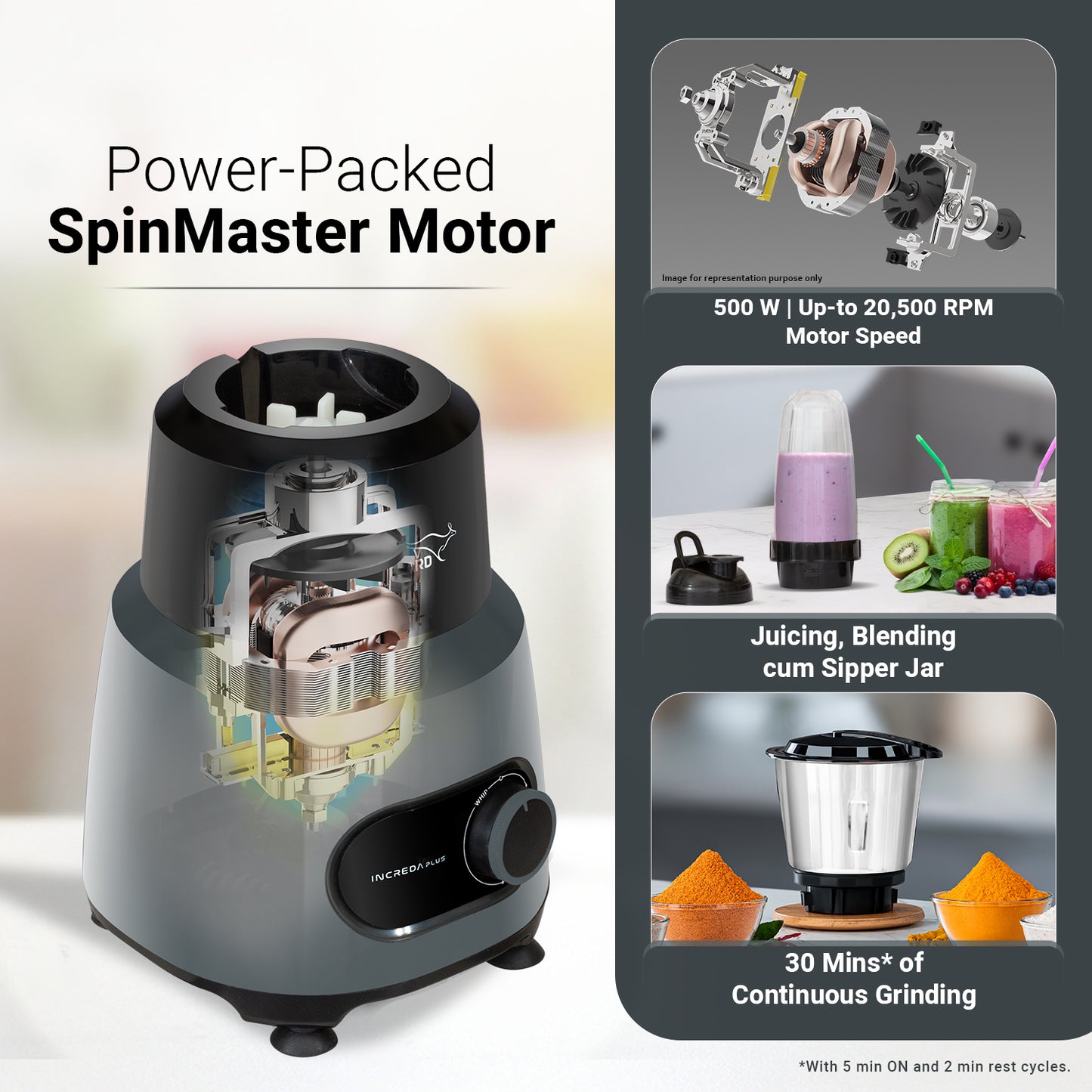 V-Guard Increda Plus 500 Watt Bullet Juicer Mixer Grinder | 2 Year Motor Warranty | 4 Jars (Bullet, Wet, Dry and Chutney) | Stainless Steel Blades | Bullet Jar with Sipper Lid.
