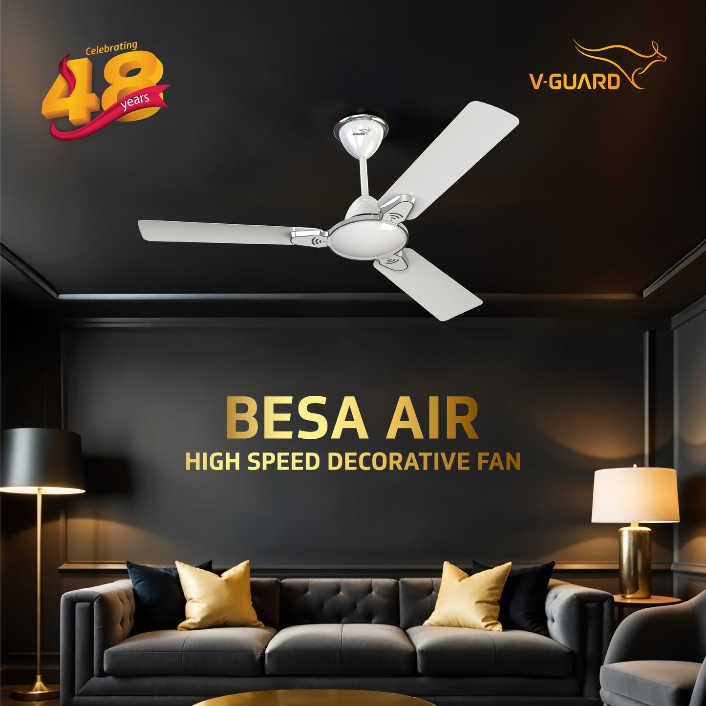 Besa Air Ceiling Fan For Home, High-Speed Copper Motor, Decorative Trims, 1.2 m, Pearl White