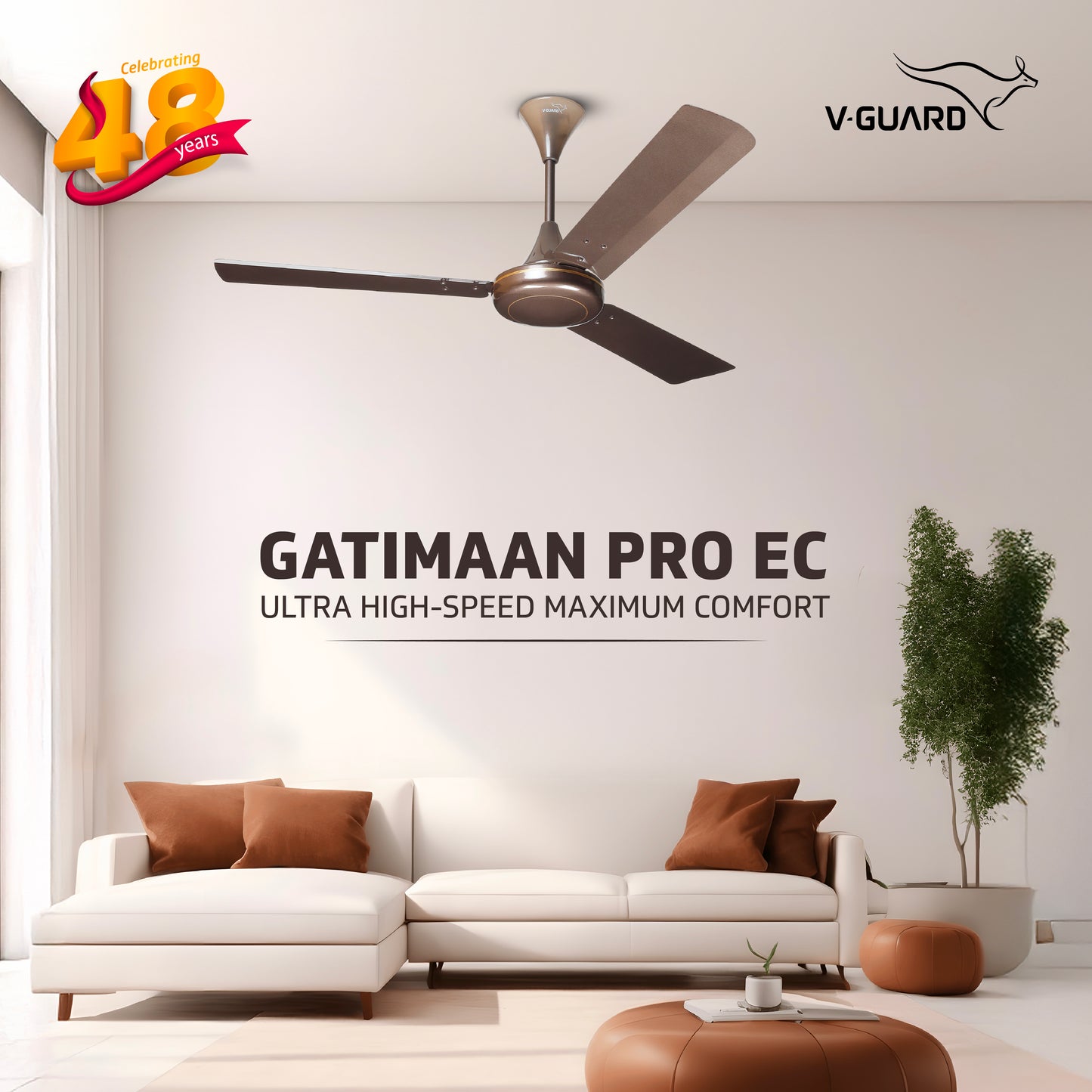 V-Guard Gatimaan Pro EC Ultra High-Speed Ceiling Fan for Home | 400 RPM | Aerodynamically Designed Blades | 1.2M Sweep | Pearl Brown