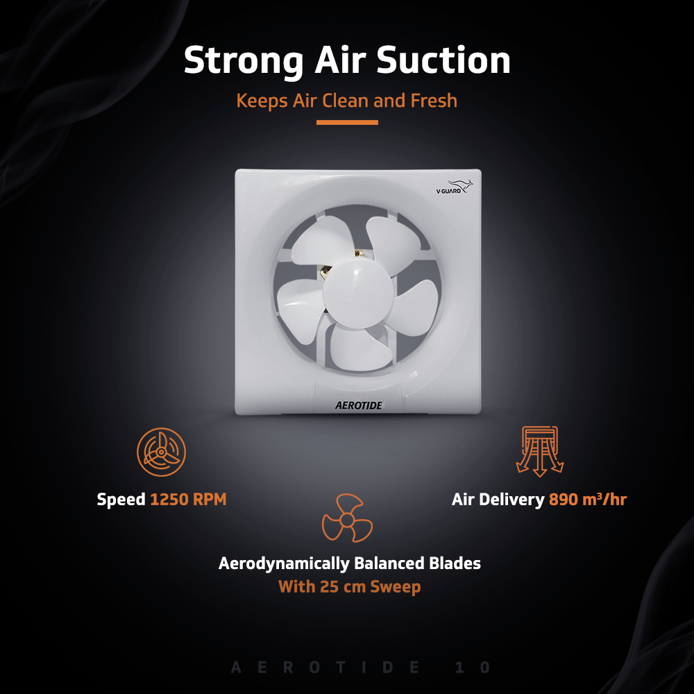 Aerotide 10 Black Exhaust Fan, Speed: 1250 RPM; Sweep: 25 cm and Air Delivery 900 m³/Hr (White) (Blade Size: 10 inch)