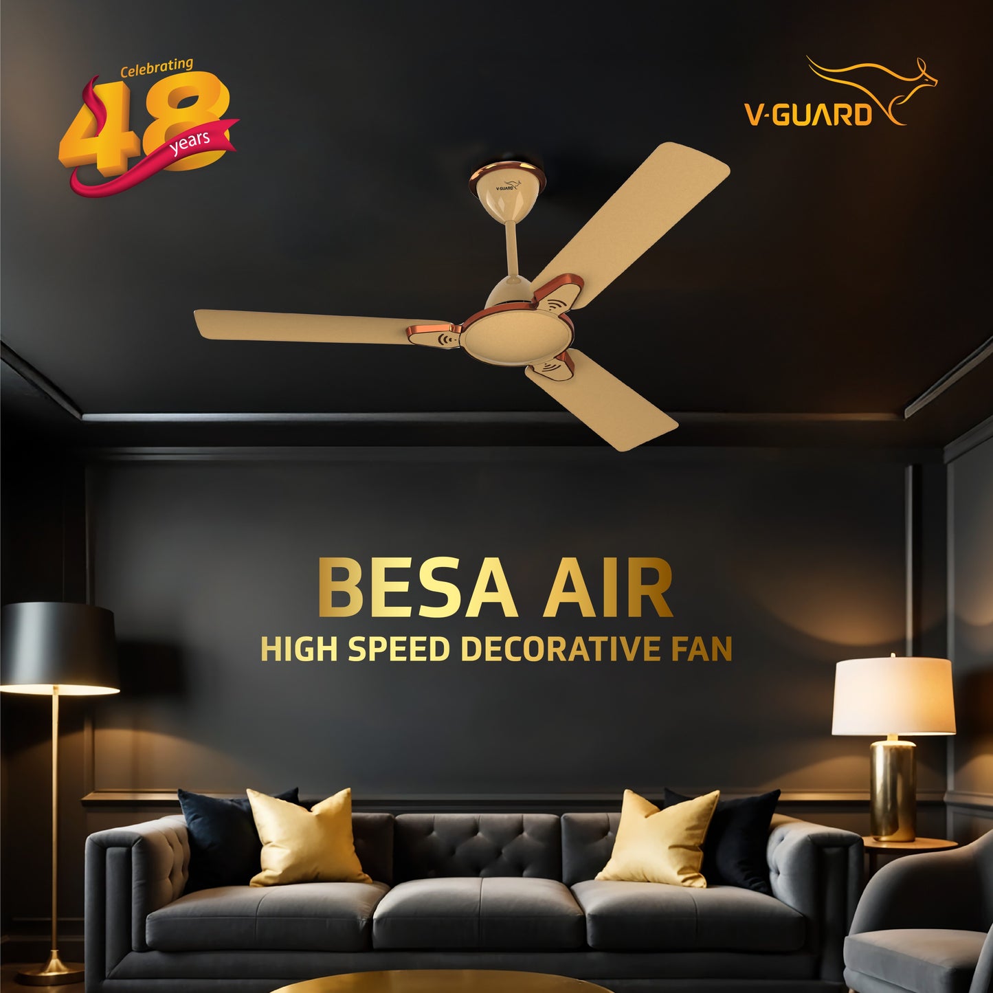 Besa Air Ceiling Fan For Home, High-Speed Copper Motor, Decorative Trims, 1.2 m, Imperial Gold