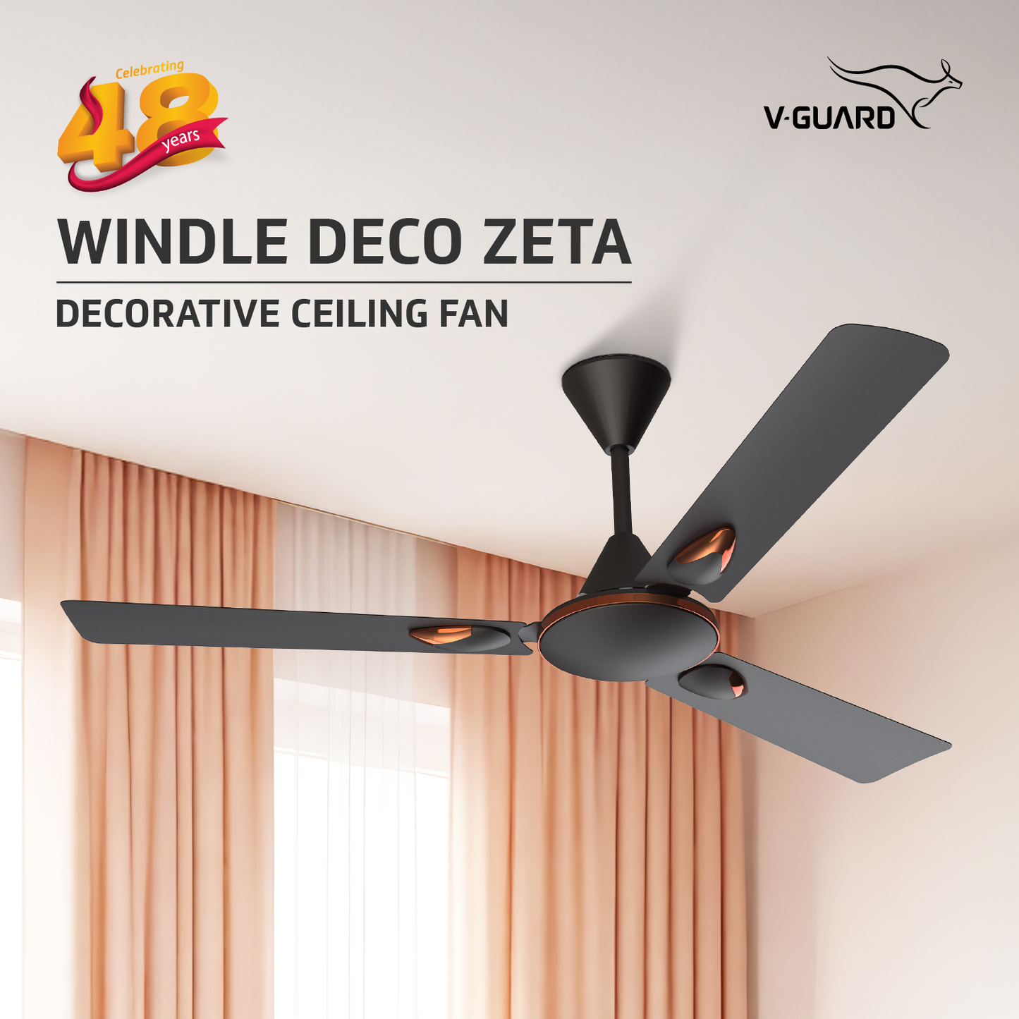 Windle Deco Zeta Ceiling Fan, 1.2 m, Matte Brown
