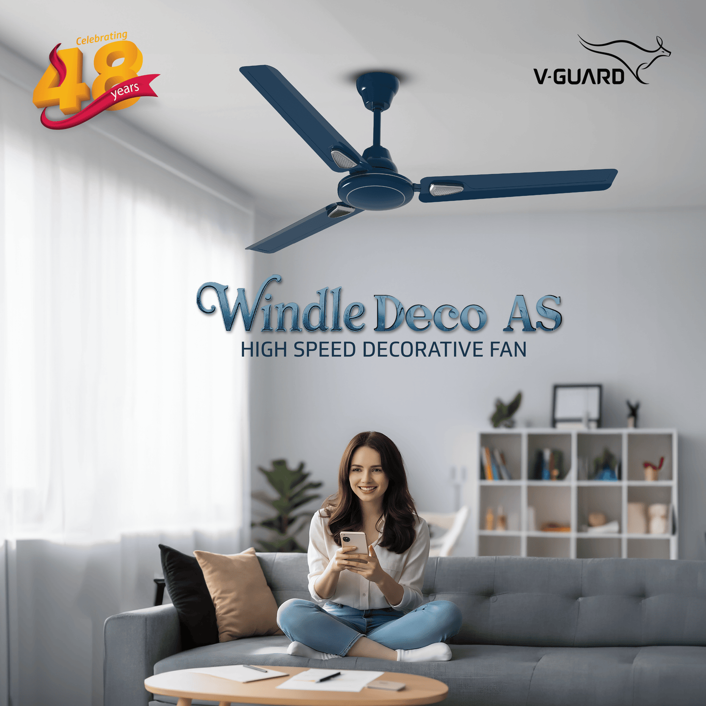 Windle Deco AS Designer Ceiling Fan for Home 1.2 m, Admiral Blue