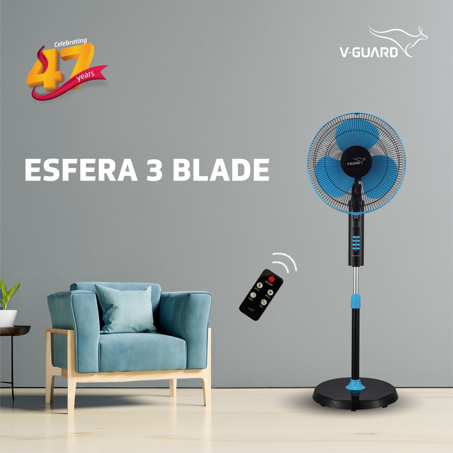 Esfera Pedestal Fan with Remote Control, In-built 7.5 Hour Timer Functionality, 40 cm, Blue Black