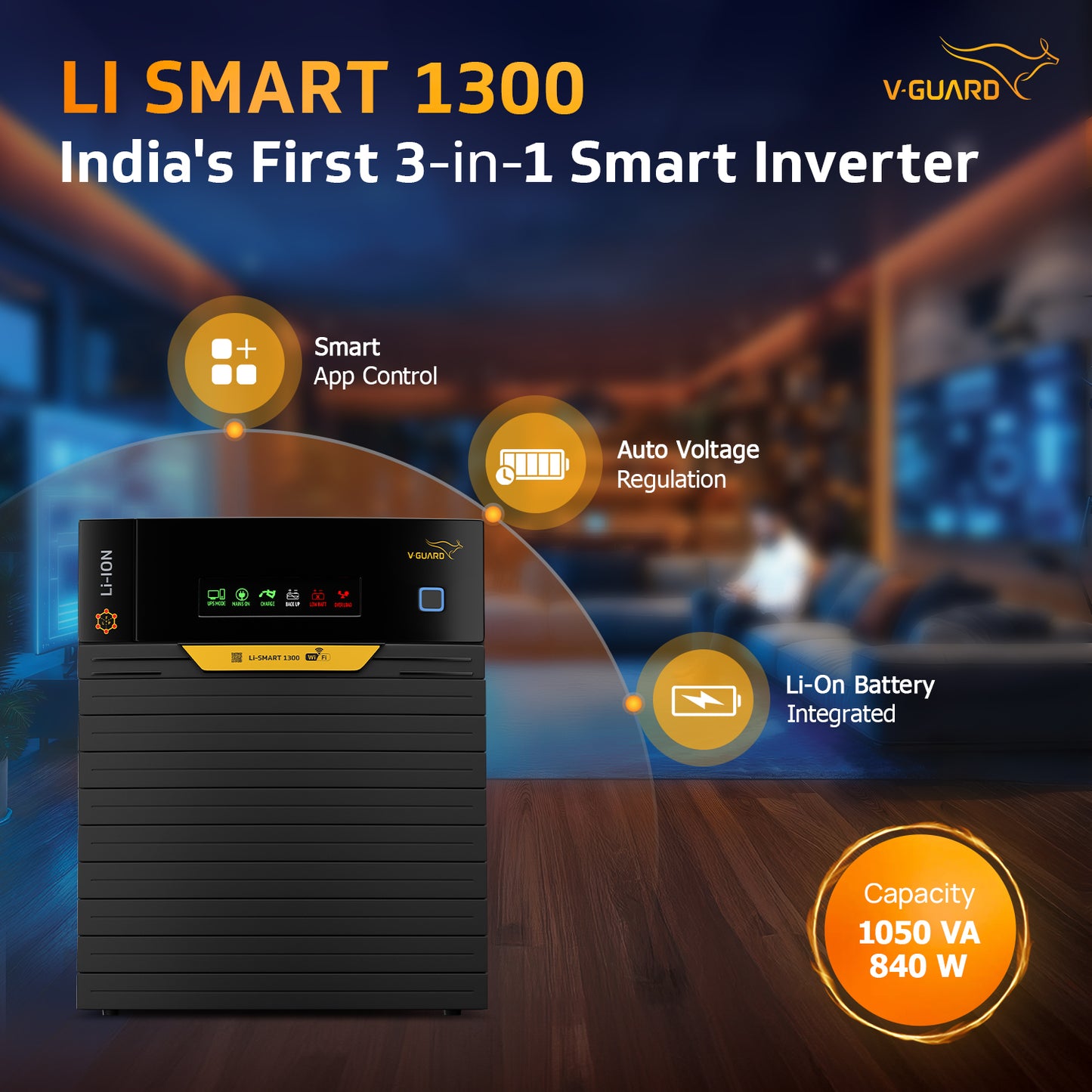 V-Guard Li Smart 1300 Inverter with Inbuilt Lithium-Ion Battery | 1300 VA / 910 W | Pure Sine Wave Output | Smart App Control | Automatic Voltage Regulation | 5-Year Warranty