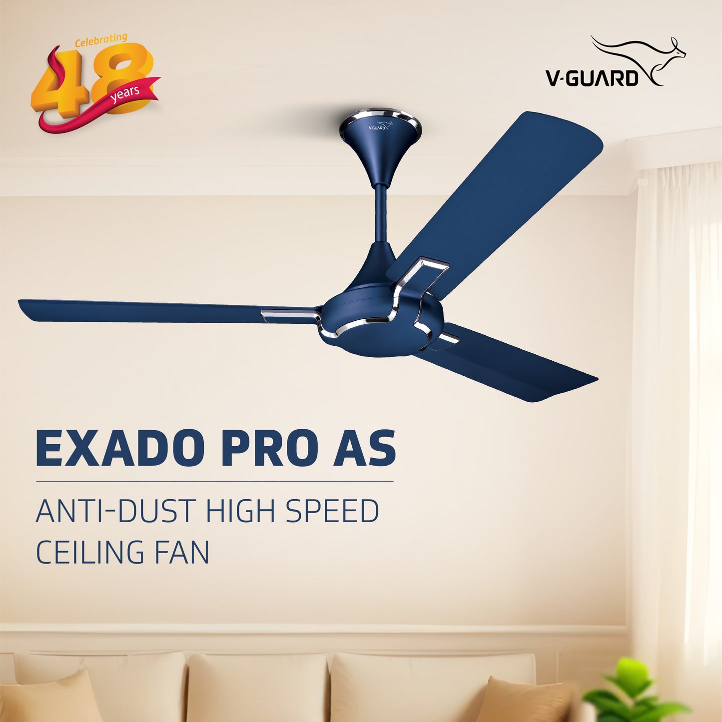 Exado Pro AS Anti Dust High Speed Ceiling Fan for Home 1.2 m, Riband Blue Matte