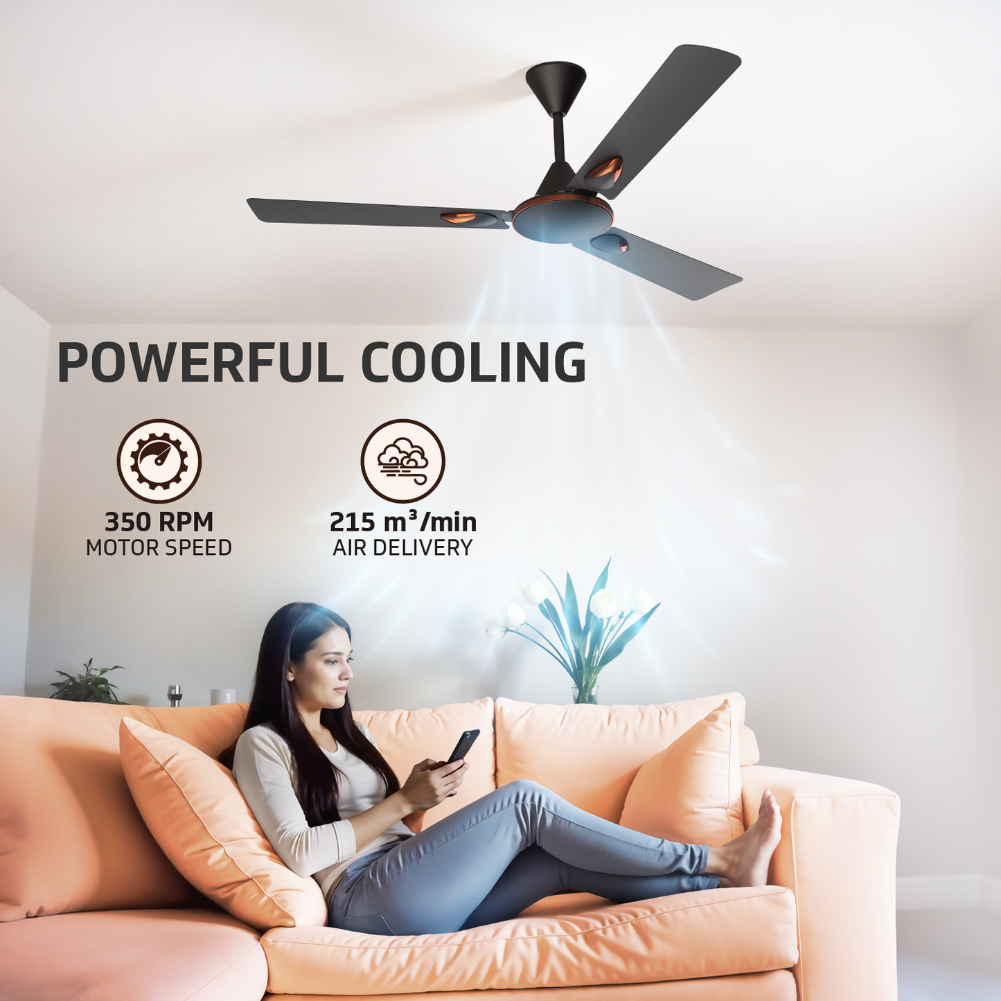 Windle Deco Zeta Ceiling Fan, 1.2 m, Matte Brown