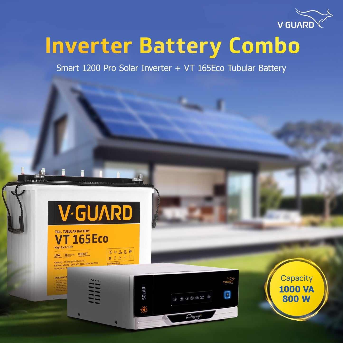 Smart Pro 1200 S Solar Inverter + VT 165 Eco Battery Combo for Home, Office & Shops