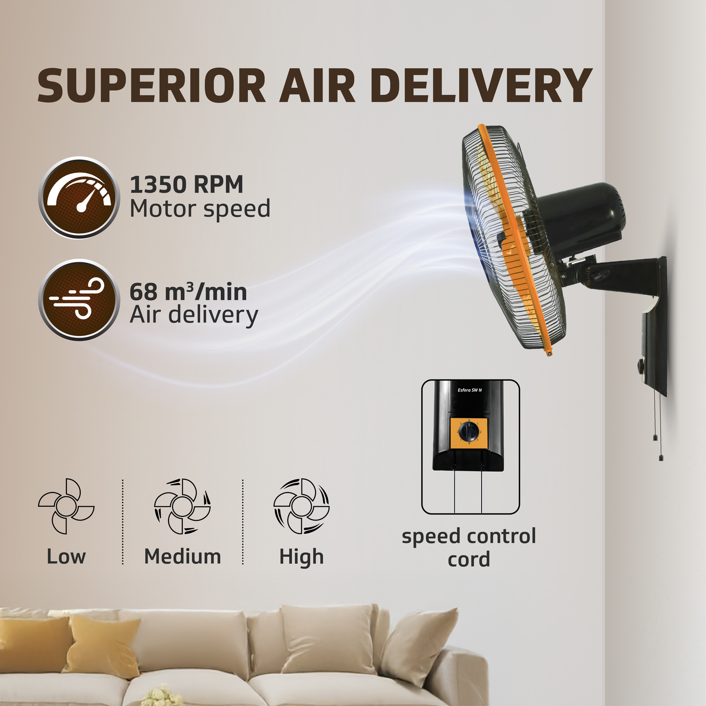 Esfera SW N Wall Fan, 40 cm, Orange Black