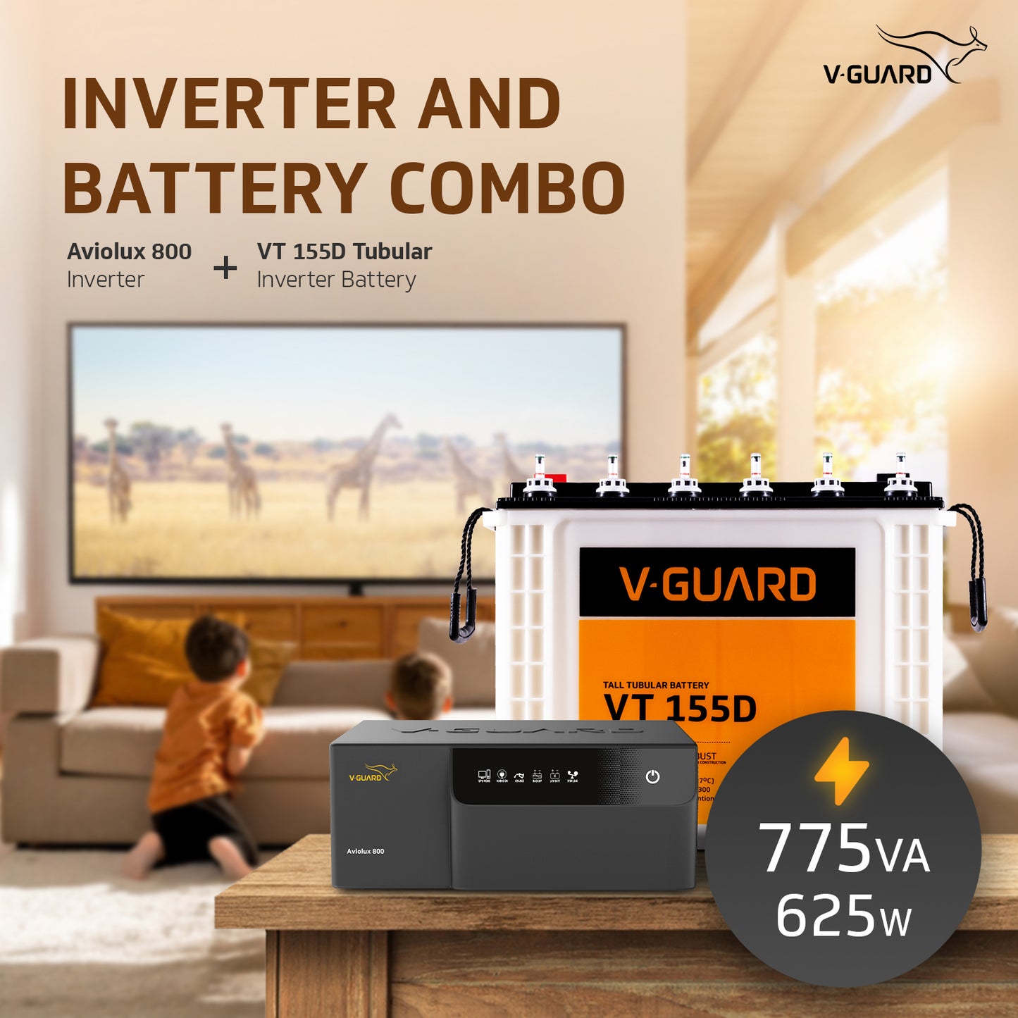Aviolux 800 Square Wave Inverter + VT 155D Battery Combo for Home, Office & Shops