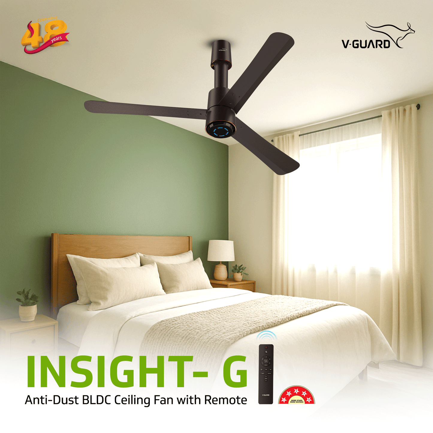 V-Guard INSIGHT-G Premium BLDC Ceiling Fan For Home | 6 Speed Settings | 5-Star Energy Saving | Convenient Remote Control | High-Speed 100% Copper Motor (Elegance Brown Matte)