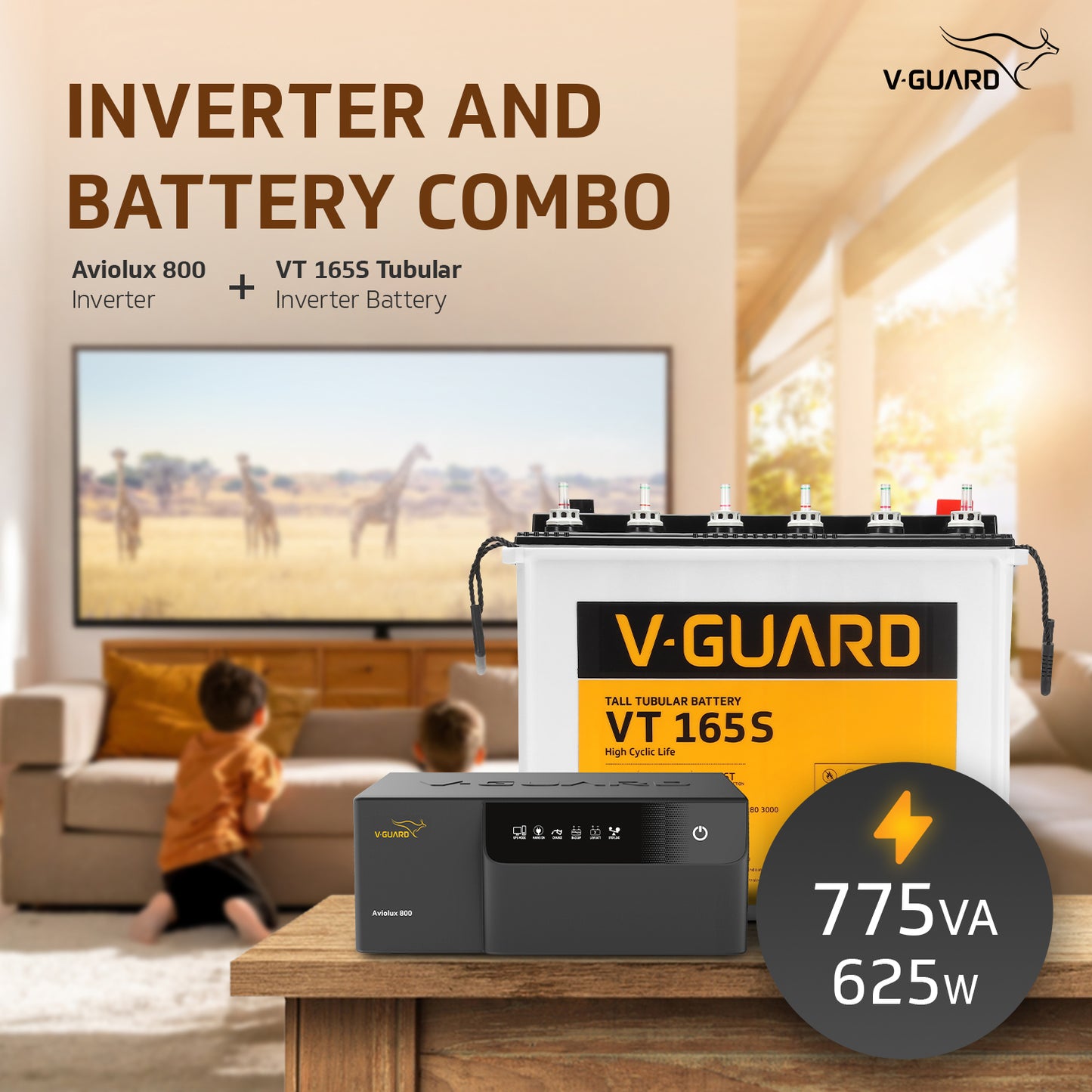 Aviolux 800 Square Wave Inverter + VT 165S Battery combo for Home, Office and Shops