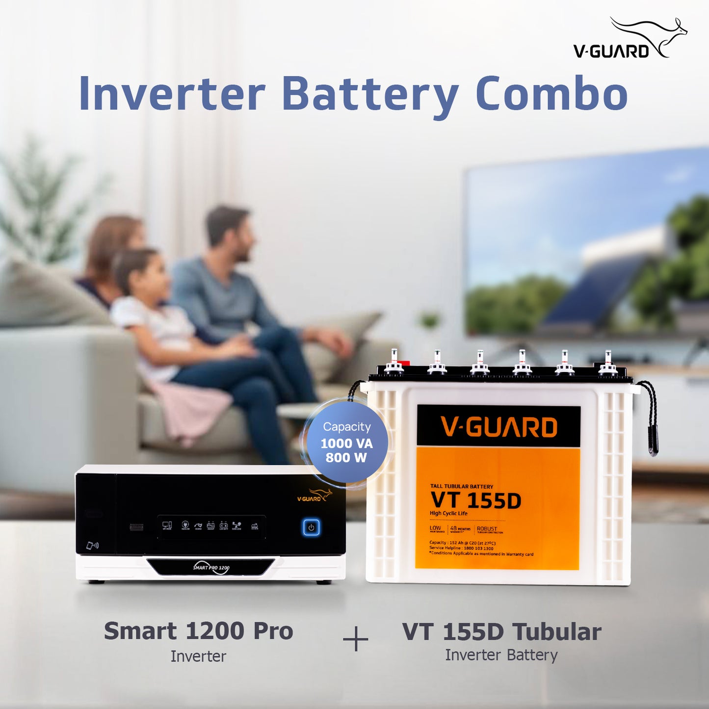 Smart Pro 1200 Inverter + VT 155D Battery Combo for Home, Office & Shops