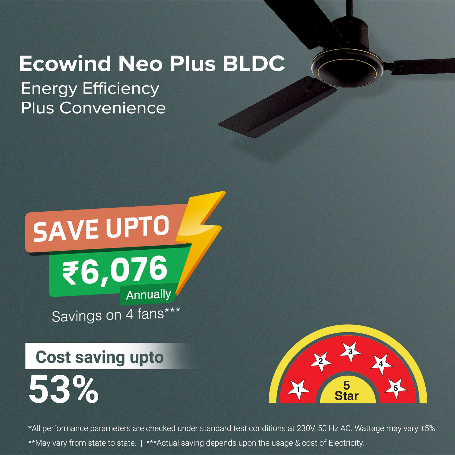 Ecowind Neo Plus BLDC Motor Ceiling Fan with Remote, 1.2 m, Brown, 5 Star Rated