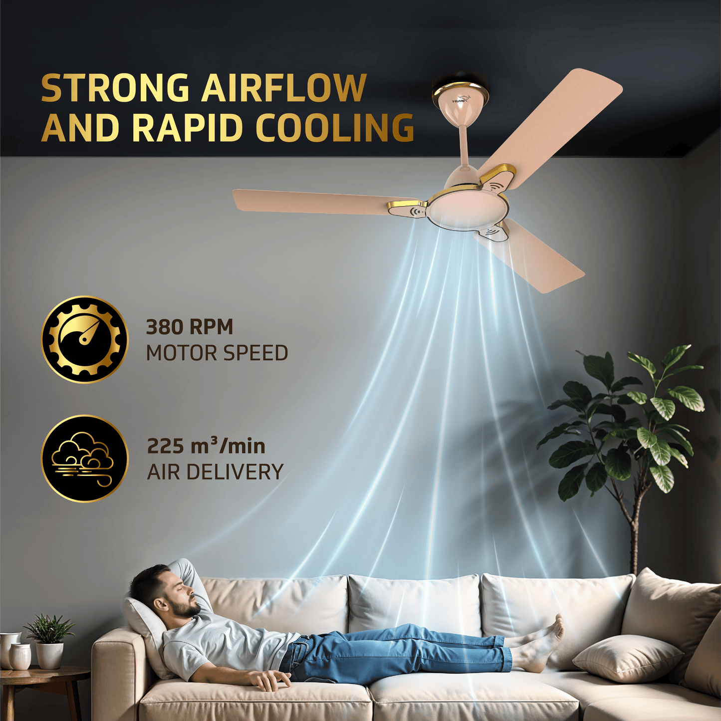Besa Air Ceiling Fan For Home, High-Speed Copper Motor, Decorative Trims, 1.2 m, Rose Glow