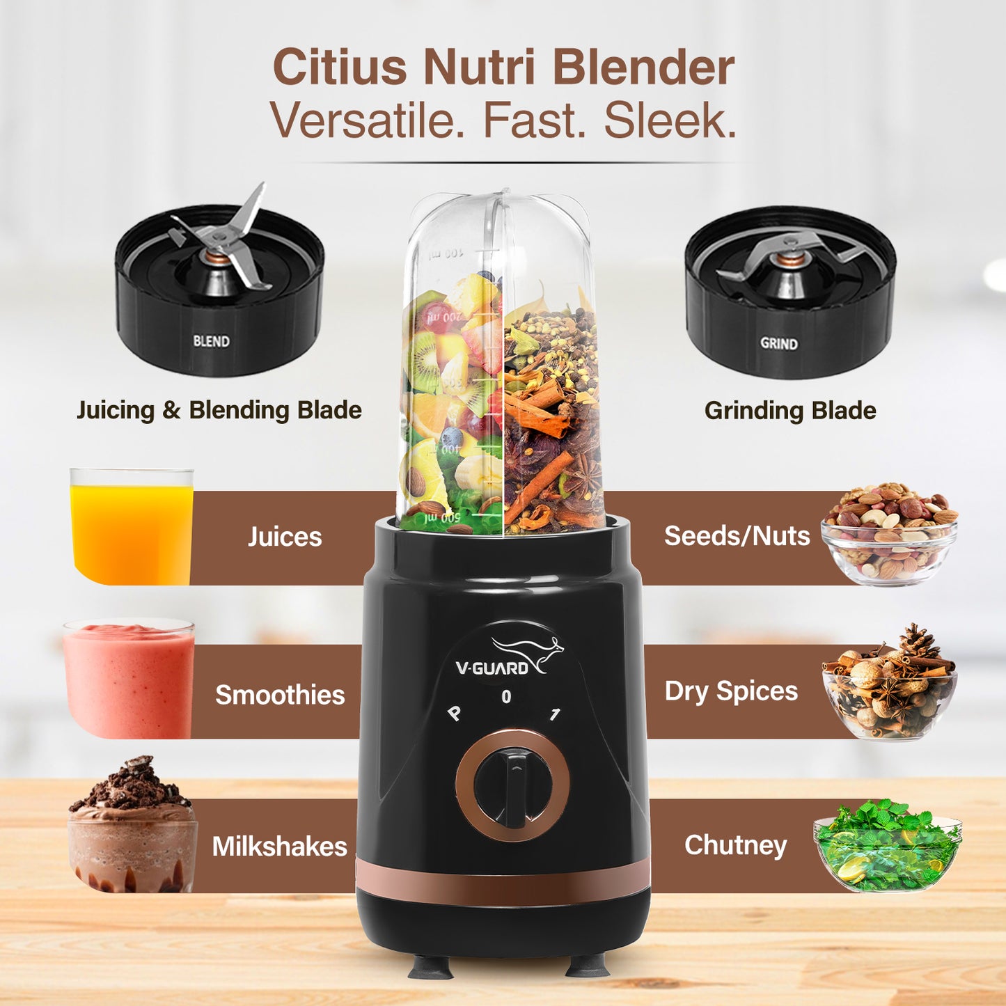 V-Guard Citius Nutri | 5 Leakproof Jars | 2 Years Product & Motor Coverage by V-Guard | 400 W Copper Motor | Upto 22,000 RPM | 1 Tall, 2 Small, 2 Sipper Jars with Storage, Seasoning & Sipper Lids | Sleek ABS Body