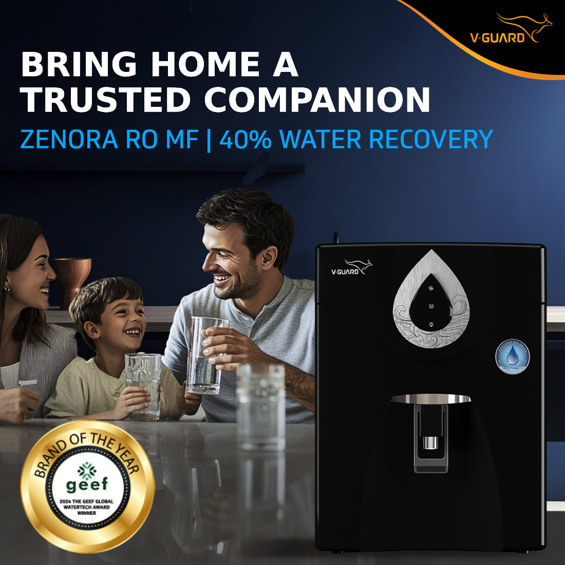 V-Guard Zenora RO MF Water Purifier for Home | Up to 40% Water Recovery | 7 Stage Purification | 1 Year Unconditional Warranty by V-Guard | GEEF Global WaterTech Award 2024 Winner | 7 Litre, Black