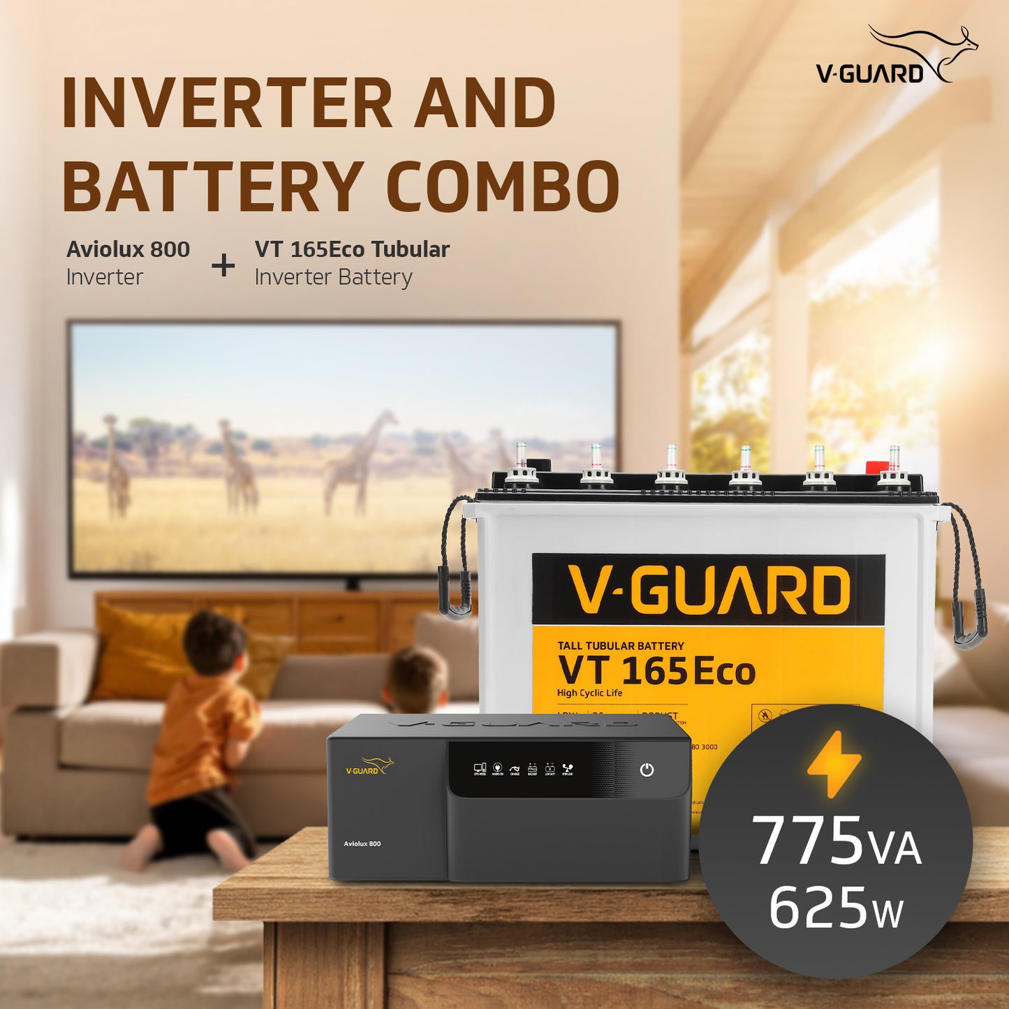 Aviolux 800 Inverter and VT 165 Eco Battery Combo for Home, Office & Shops