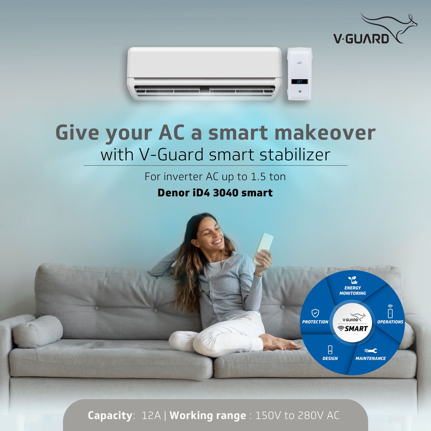 Denor iD4 3040 SMART AC Stabilizer for 1.5 ton Inverter AC (Working Range 150V-280V)