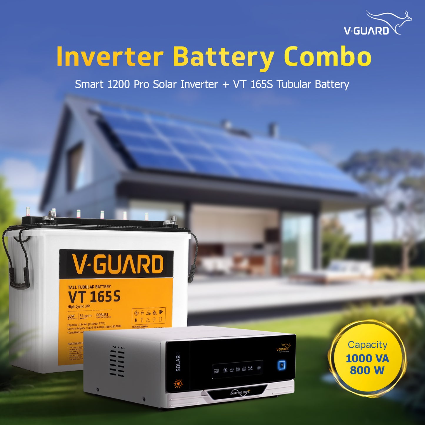 Smart Pro 1200 S Solar Inverter + VT 165S Battery combo for Home, Office & Shops