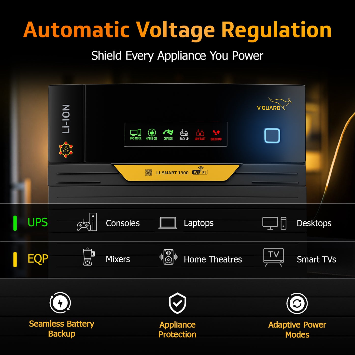V-Guard Li Smart 1300 Inverter with Inbuilt Lithium-Ion Battery | 1300 VA / 910 W | Pure Sine Wave Output | Smart App Control | Automatic Voltage Regulation | 5-Year Warranty