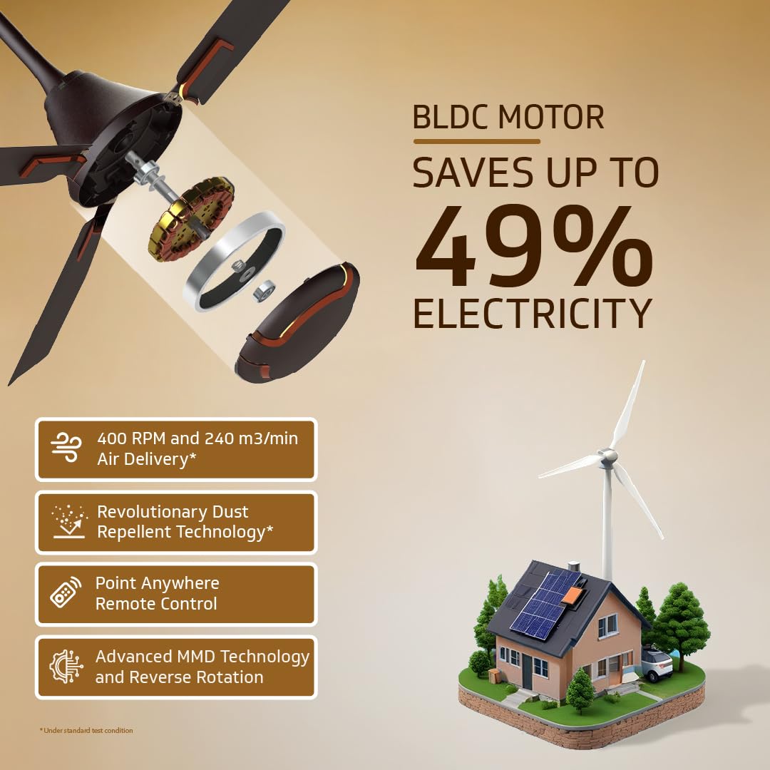 Exado Pro ES BLDC Ceiling Fan For Home, Anti Dust Coating, 5-Star Energy Saving, Remote Control, 100% Copper Motor, 1.2M (Elegance Brown Matte)