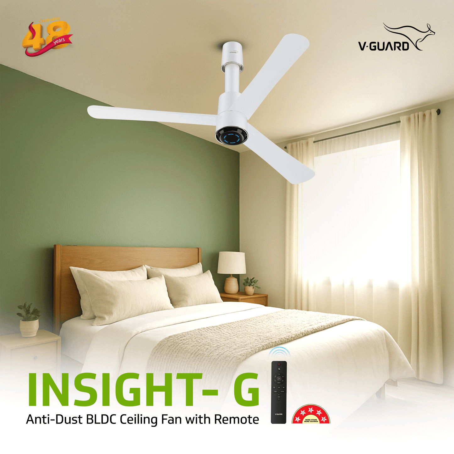 V-Guard INSIGHT-G Premium BLDC Ceiling Fan For Home | 6 Speed Settings | 5-Star Energy Saving | Convenient Remote Control | High-Speed 100% Copper Motor (Blossom White Matte)