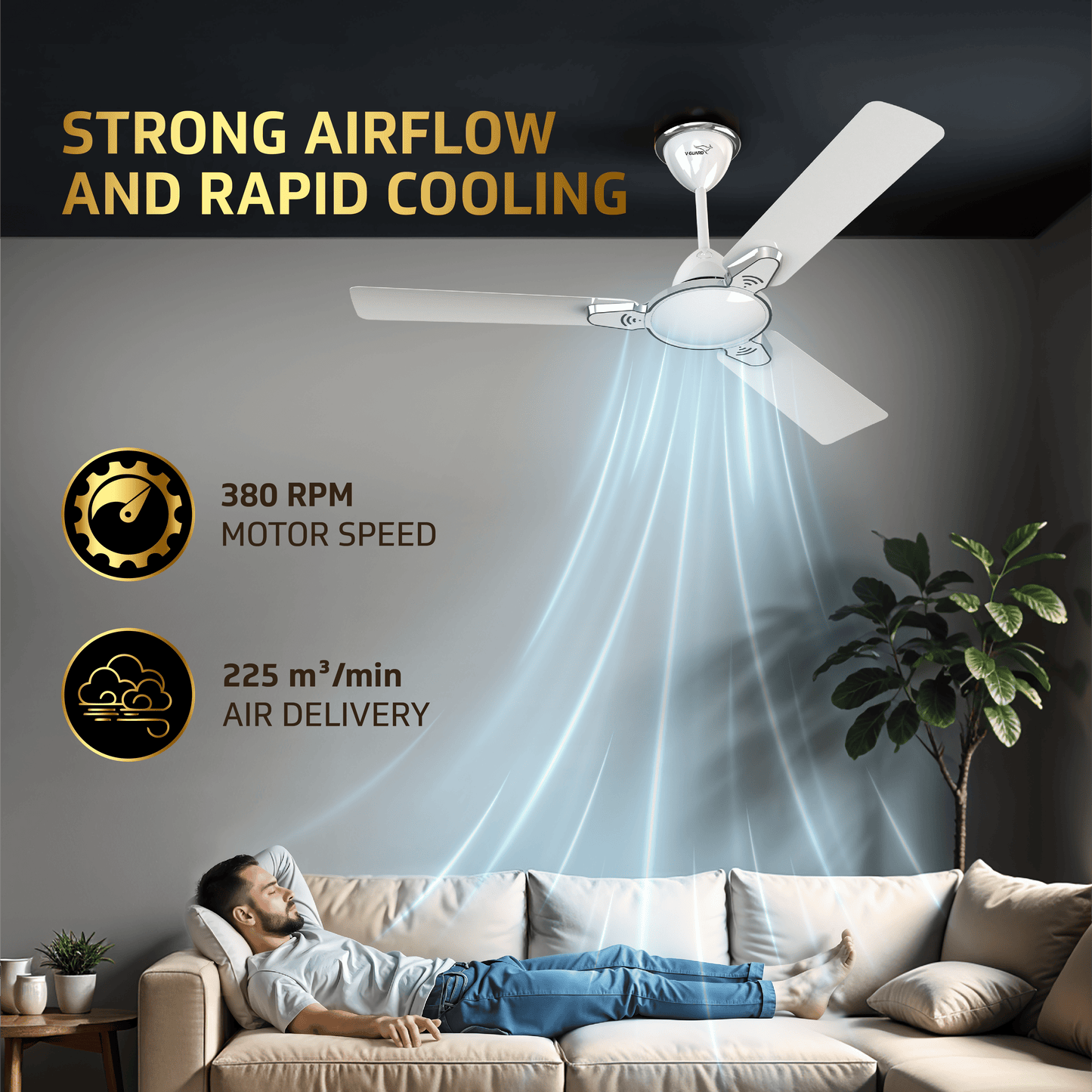 Besa Air Ceiling Fan For Home, High-Speed Copper Motor, Decorative Trims, 1.2 m, Pearl White