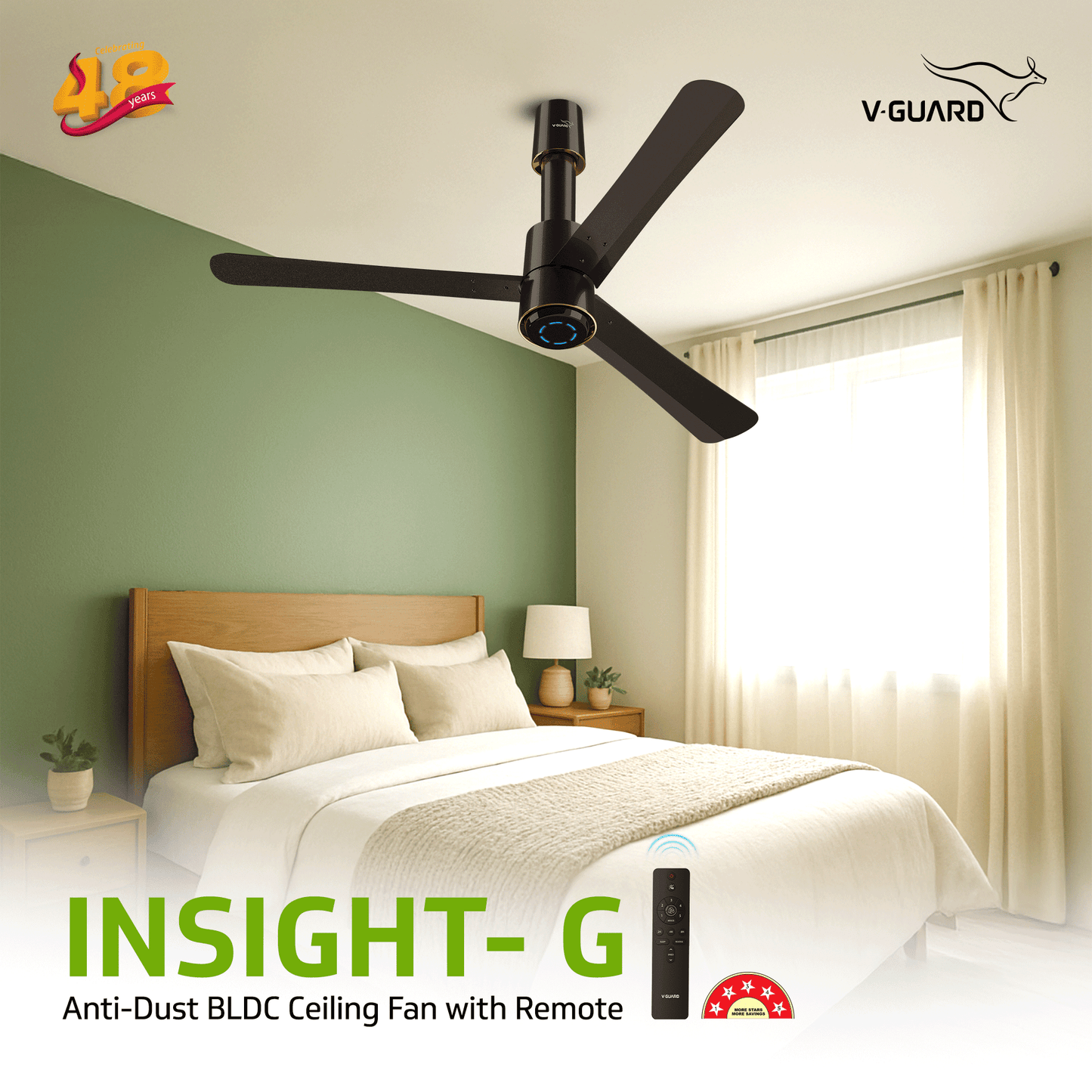 V-Guard INSIGHT-G Premium BLDC Ceiling Fan For Home | 6 Speed Settings | 5-Star Energy Saving | Convenient Remote Control | High-Speed 100% Copper Motor (Choco Brown Glossy)