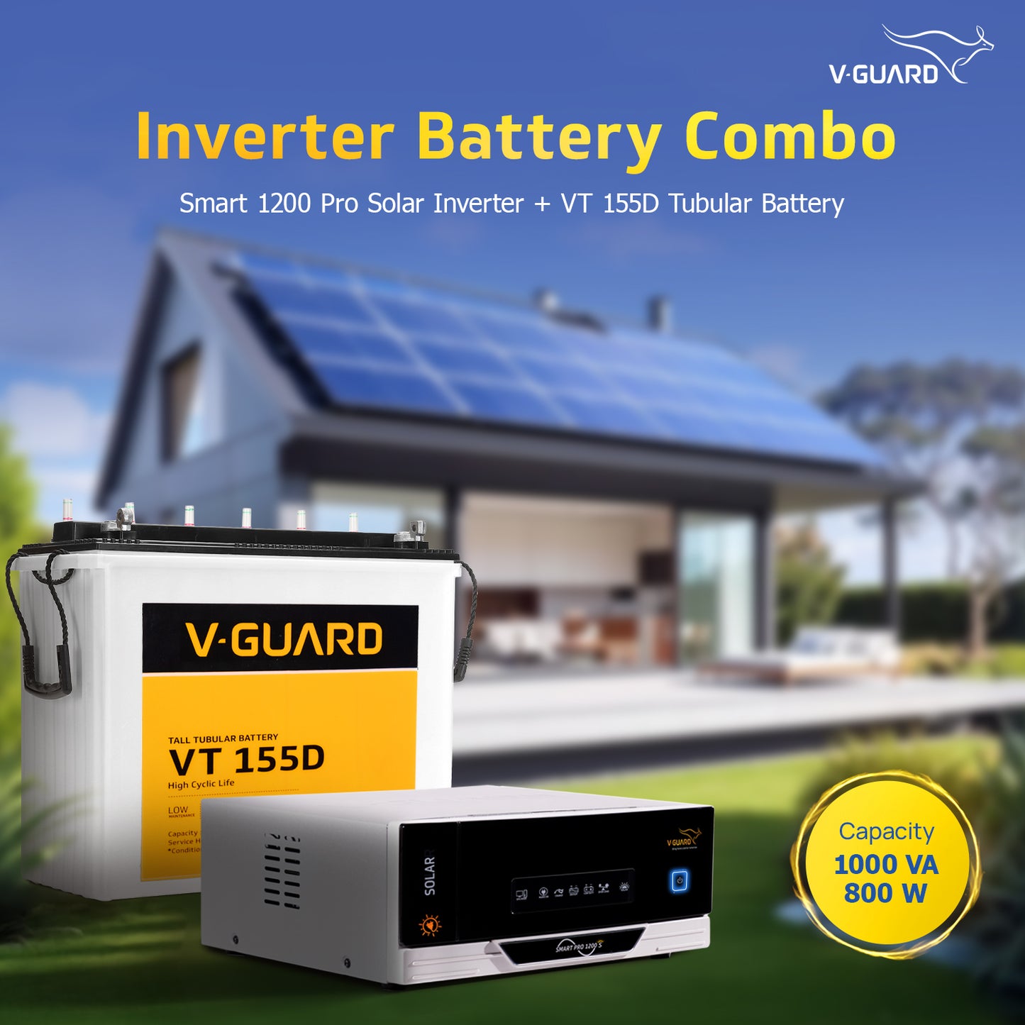 Smart Pro 1200 S Solar Inverter + VT 155D Battery Combo for Home, Office & Shops