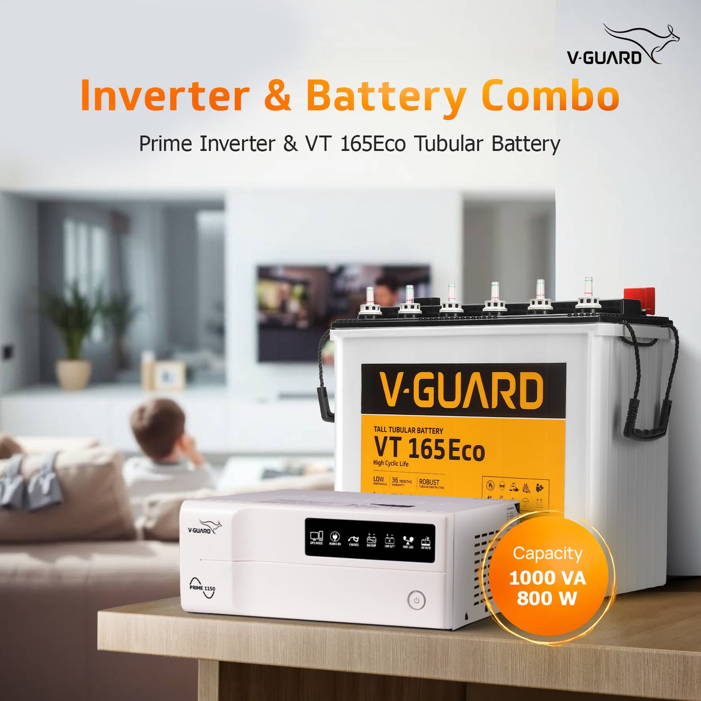 Prime 1150 Inverter and VT 165 Eco Battery Combo for Home, Office & Shops