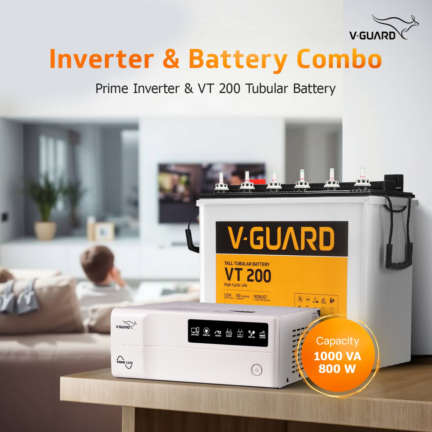Prime 1150 Inverter + VT 200 Battery Combo for Home, Office & Shops