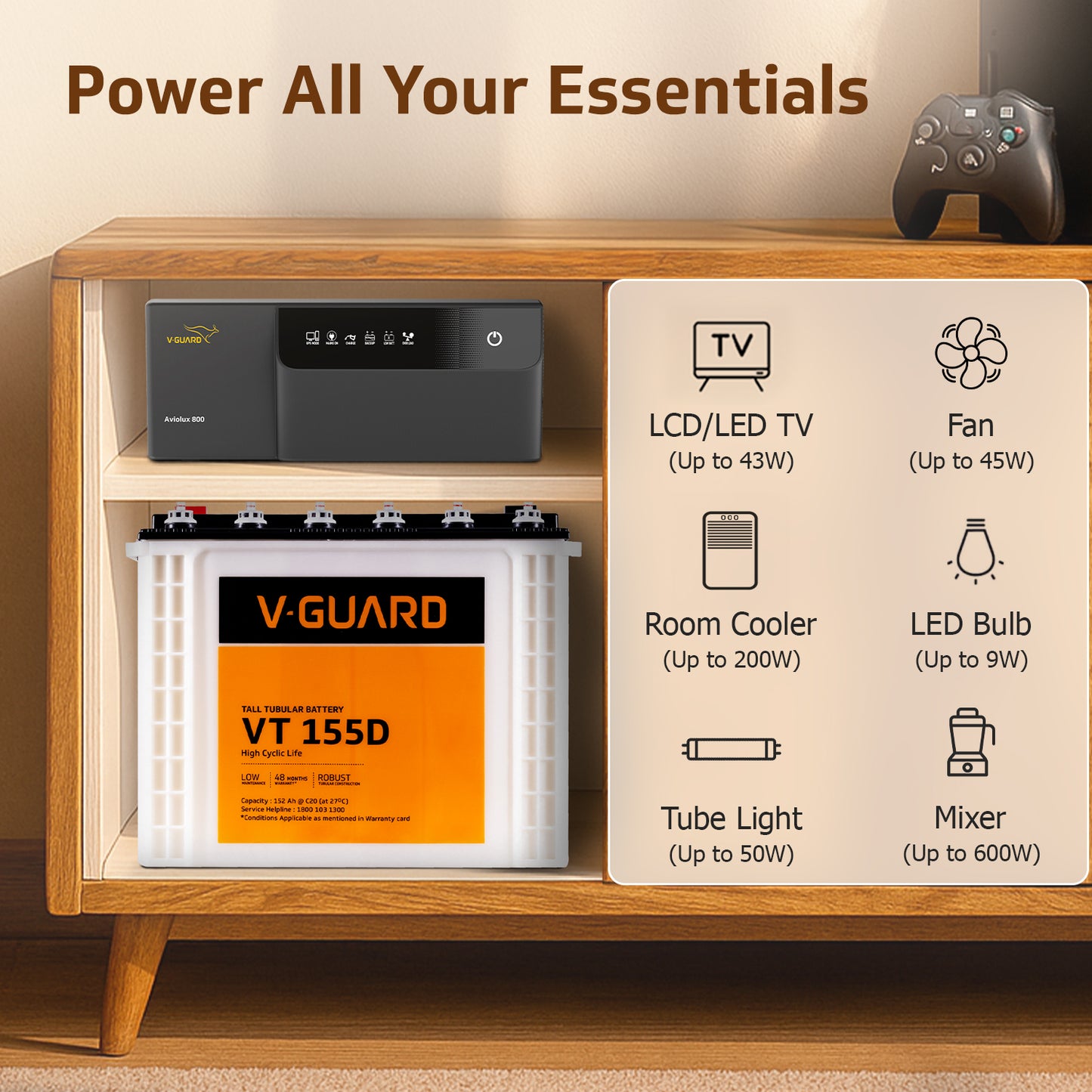 Aviolux 800 Square Wave Inverter + VT 155D Battery Combo for Home, Office & Shops