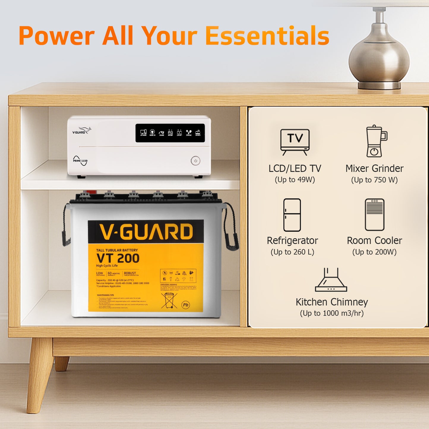 Prime 1150 Inverter + VT 200 Battery Combo for Home, Office & Shops
