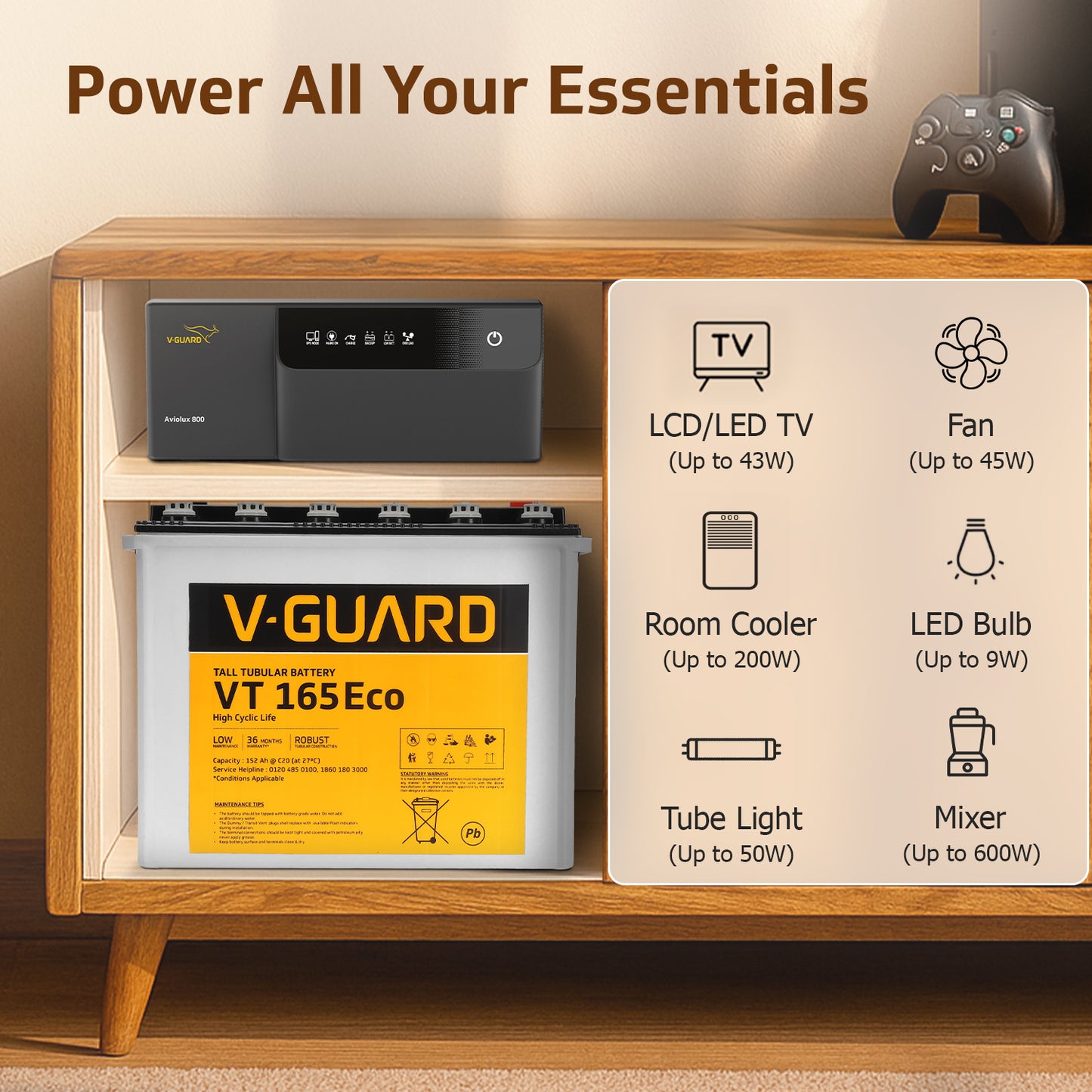 Aviolux 800 Inverter and VT 165 Eco Battery Combo for Home, Office & Shops