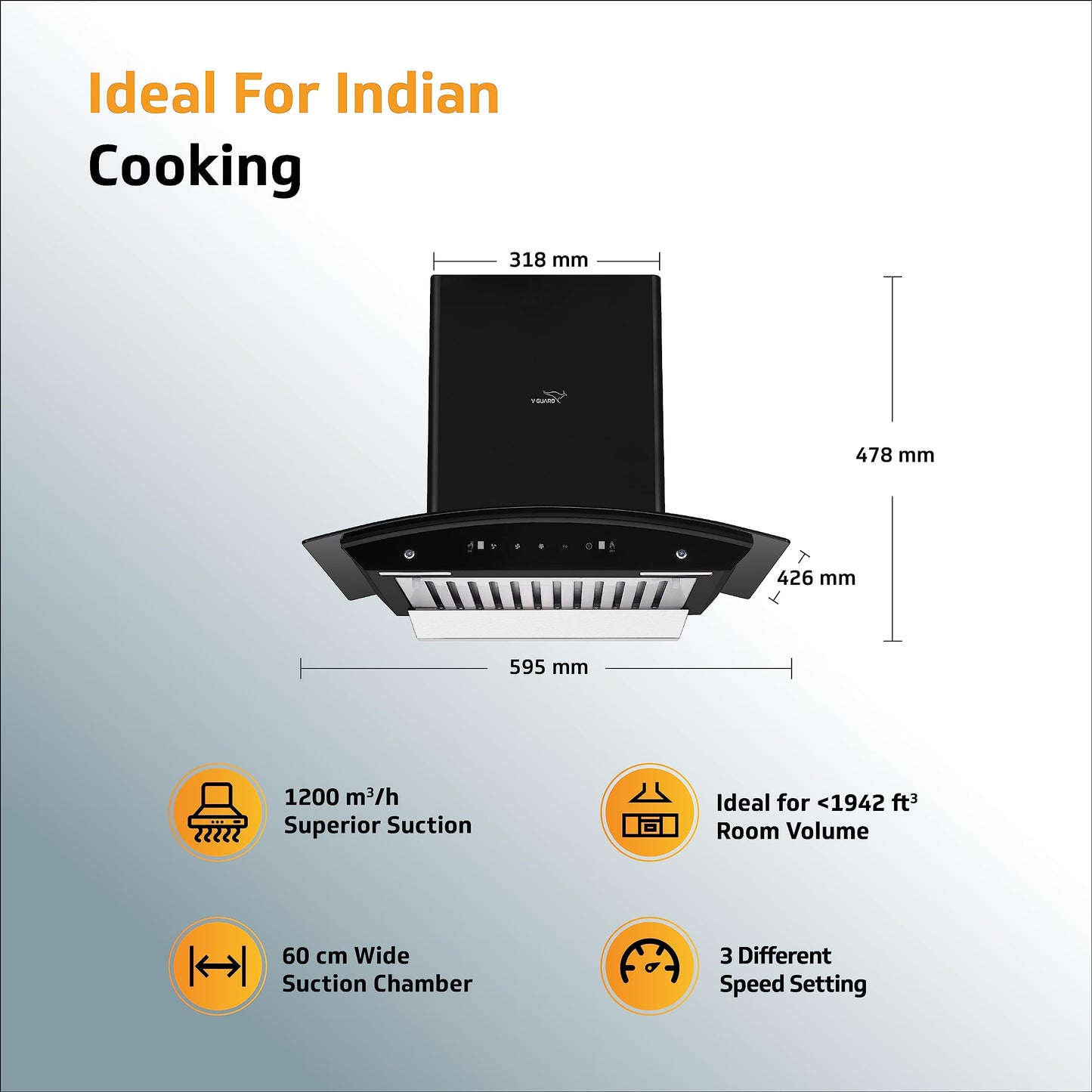 A10 BL140 Kitchen Chimney with 1200m³/hr Suction, Thermal Auto Clean, Curved Glass, Baffle Filter, Motion Sensor Controls, Oil Collector Tray, LED Light (Black)