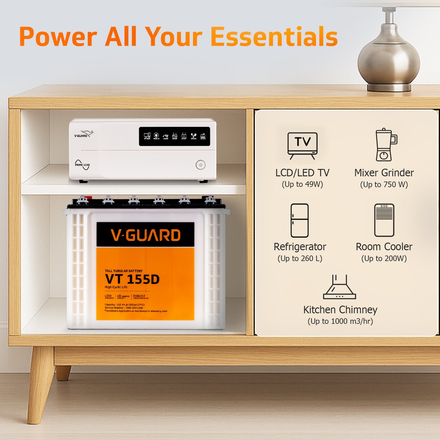 Prime 1150 Pure Sine Wave Inverter + VT 155D Battery Combo for Home, Office & Shops