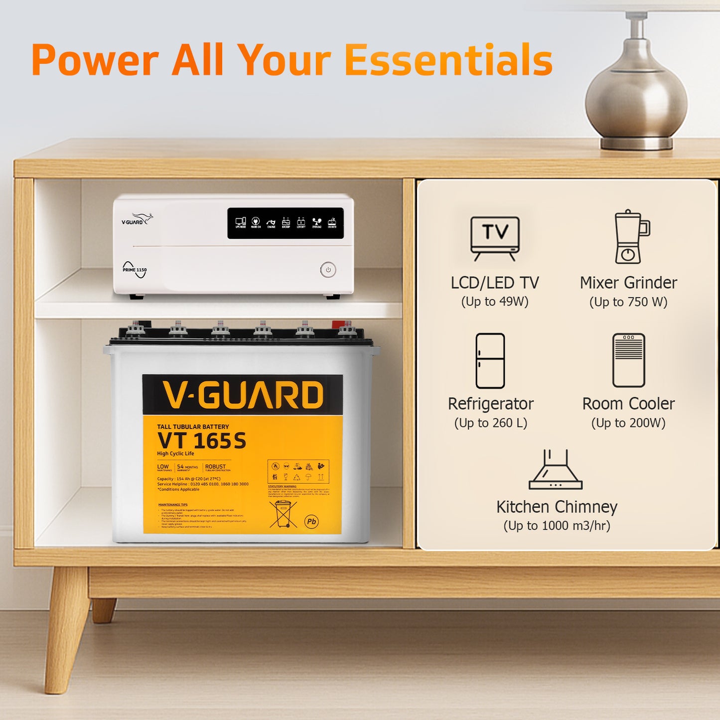 Prime 1150 Inverter + VT 165S Battery combo for Home, Office & Shops