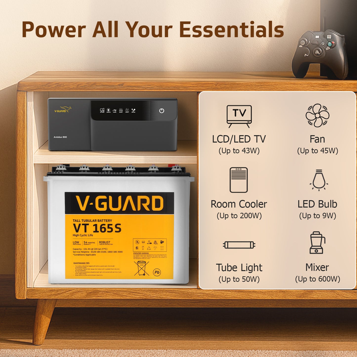 Aviolux 800 Square Wave Inverter + VT 165S Battery combo for Home, Office and Shops