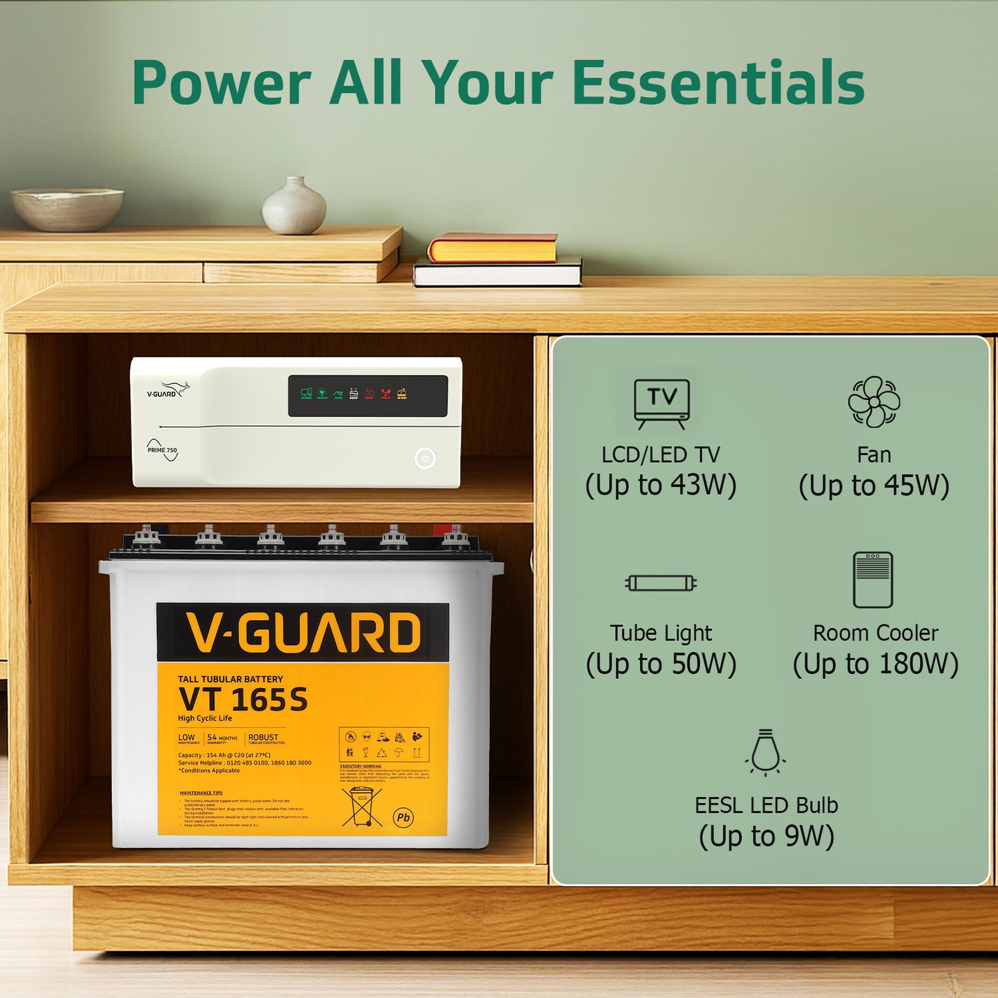 Prime 750 Sine Wave Inverter + VT 165S Battery combo for Home, Office and Shops