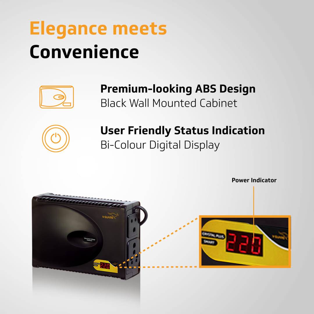 V-Guard Crystal Plus Smart TV Stabilizer with Digital Display | Applicable for Smart TVs up to 140 cm (55) + Set Top Box + Home Theatre System/Gaming Console | 3 Ampere Capacity | Black