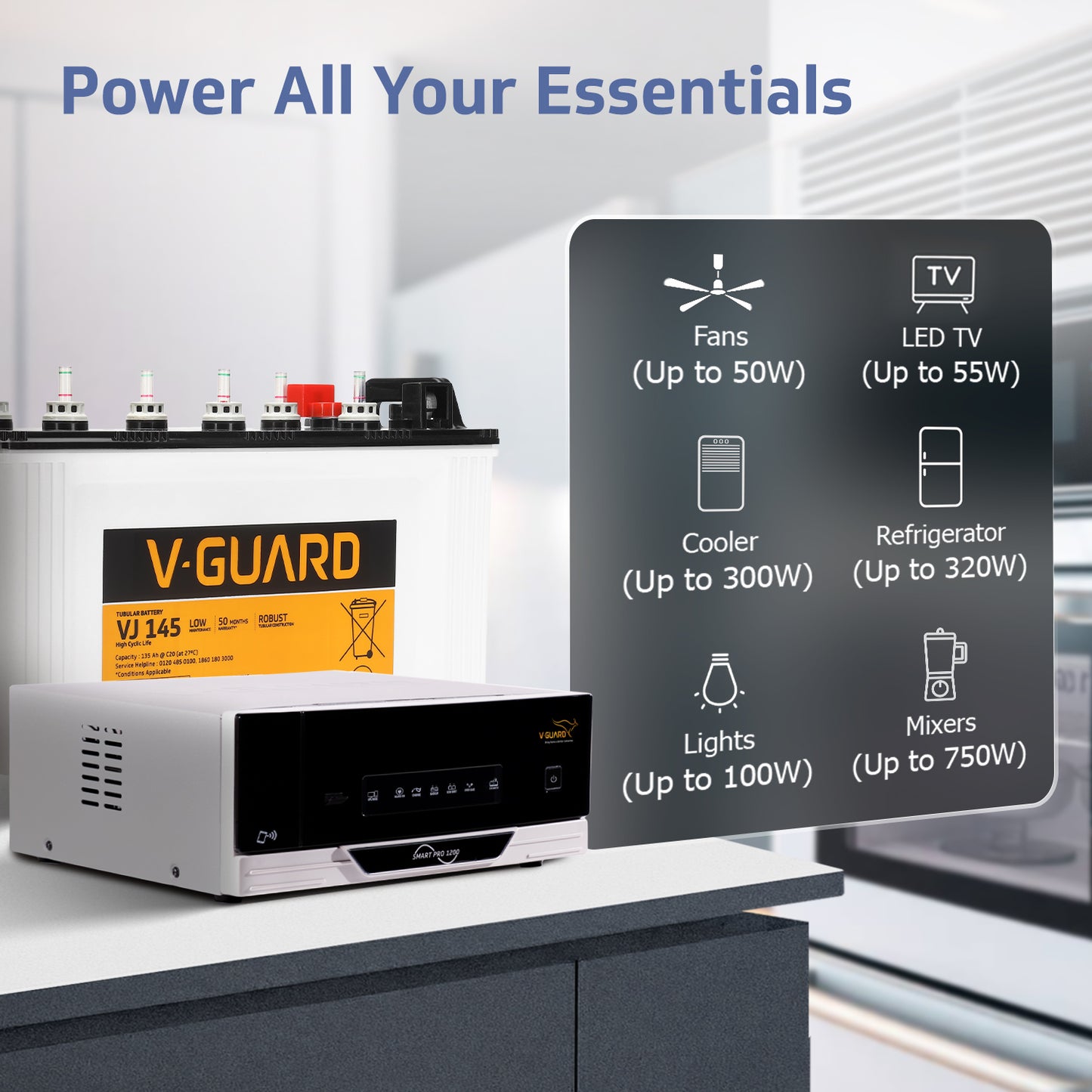 Smart Pro 1200 Inverter + VJ 145 Battery Combo for Home, Office & Shops