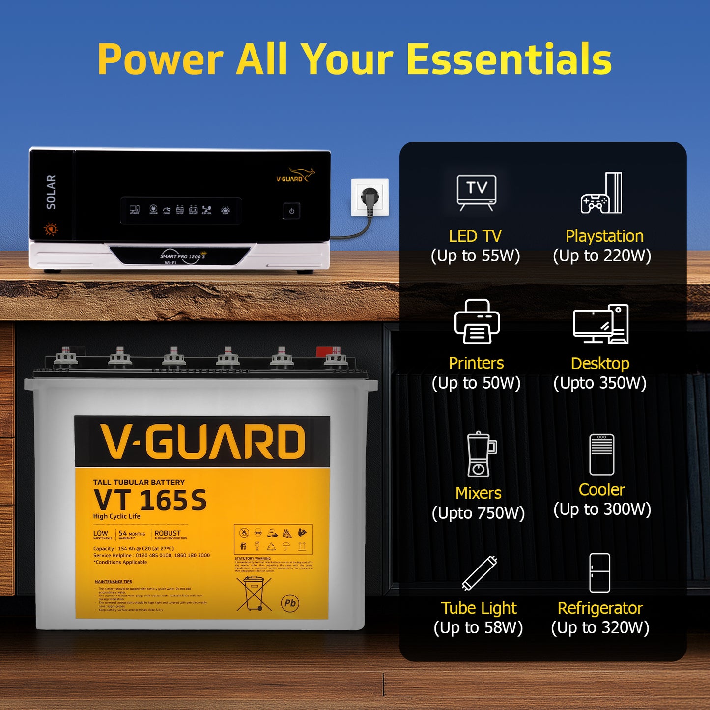 Smart Pro 1200 S Solar Inverter + VT 165S Battery combo for Home, Office & Shops