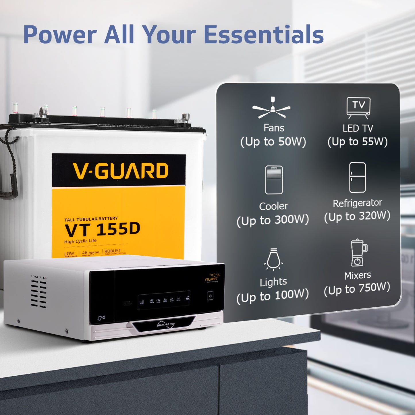 Smart Pro 1200 Inverter + VT 155D Battery Combo for Home, Office & Shops