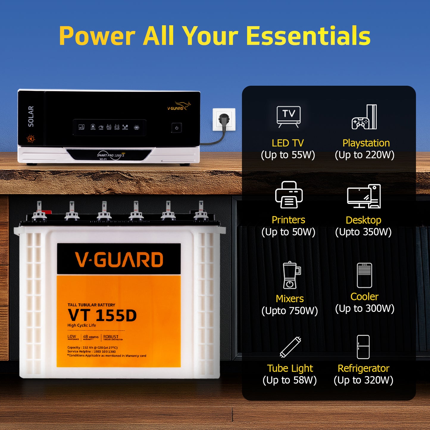 Smart Pro 1200 S Solar Inverter + VT 155D Battery Combo for Home, Office & Shops