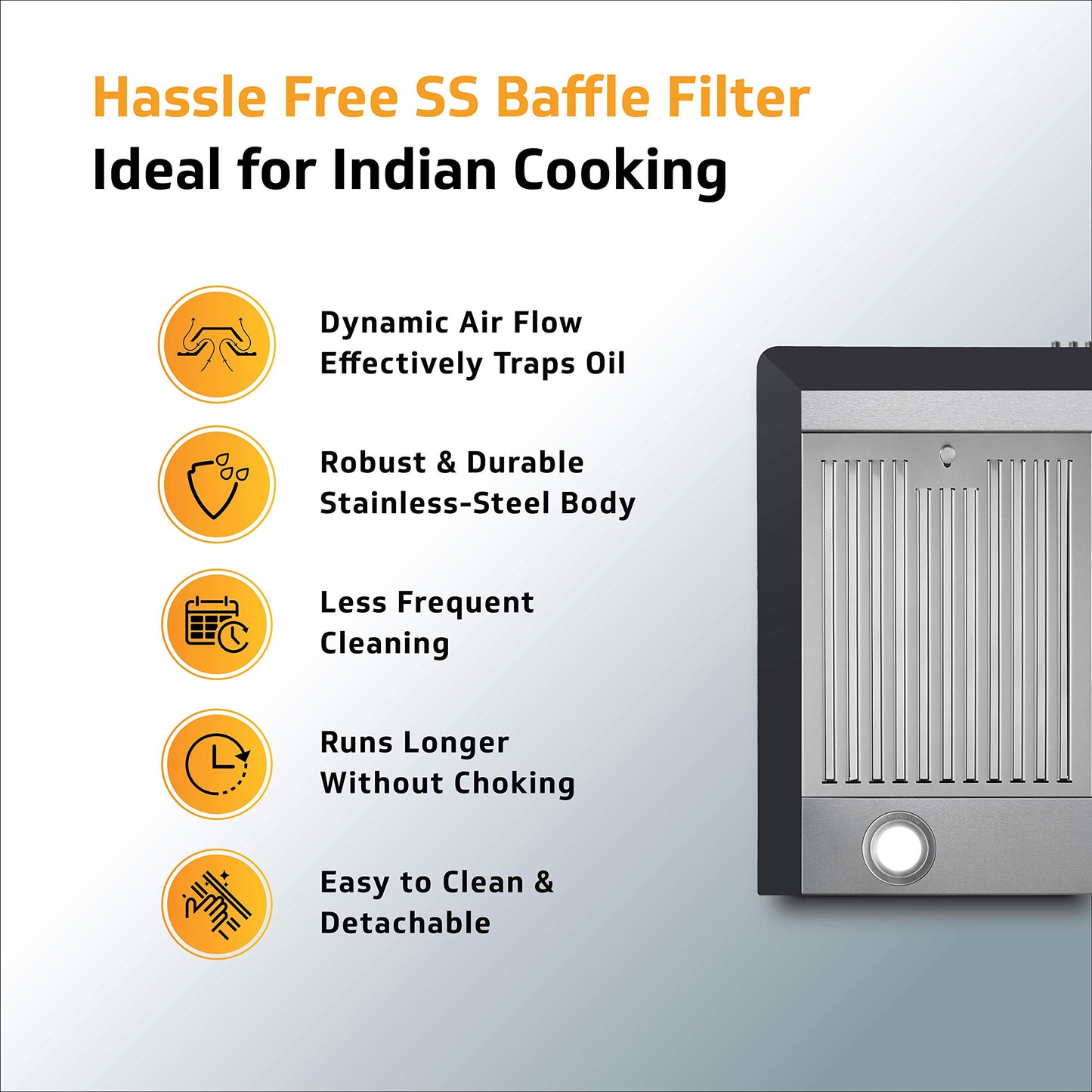 M20 60cm, 1200m³/hr Electric Kitchen Chimney with Baffle Filter, Push Button Controls