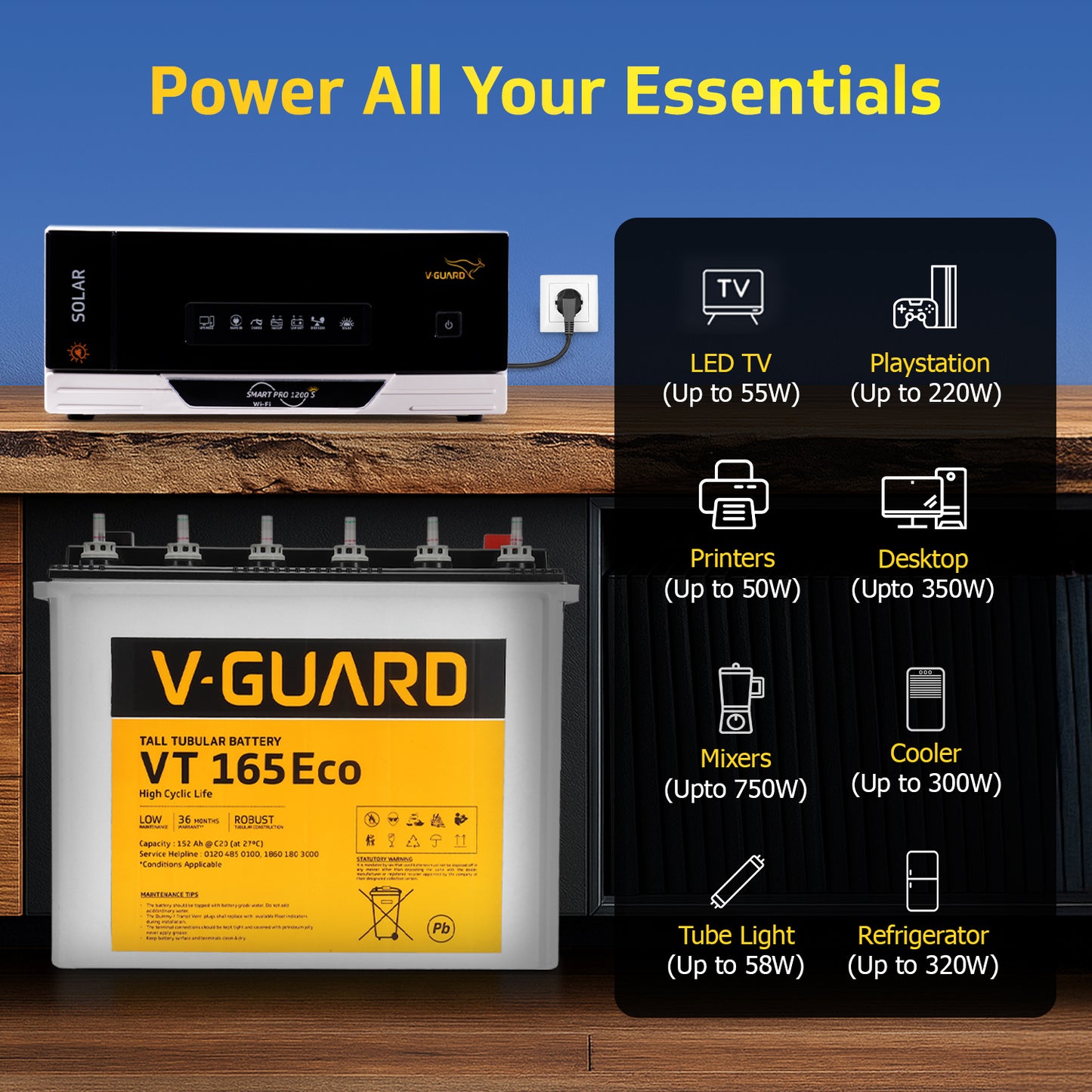 Smart Pro 1200 S Solar Inverter + VT 165 Eco Battery Combo for Home, Office & Shops